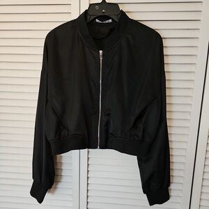 Zara Black Cropped Bomber Jacket with Silver Zip Size S